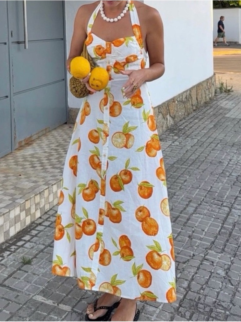 Zara Linen Fruit Print Halter Midi Sundress Orange White Green Size S